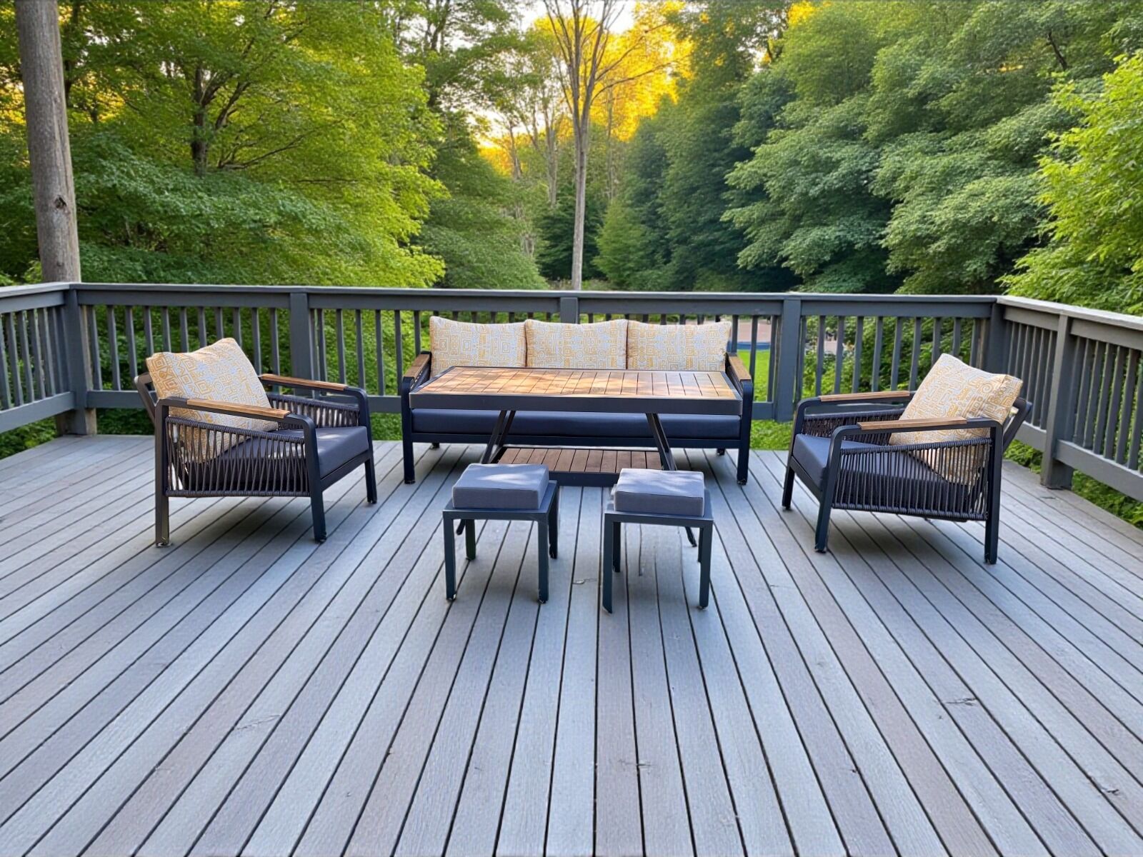 Rose Masif Ahşap ve Metal Bahçe Balkon Koltuk Takımı 3+1+1+Masa+2 Puf