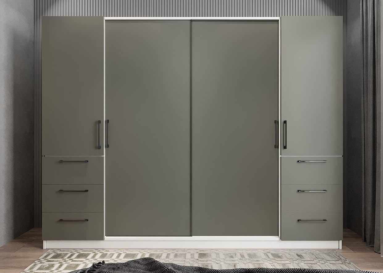 Riga Sürgü Kapaklı 6 Çekmeceli Gardırop Dolap Füme Beyaz Ölçü Seçenekli Ücretsiz Kurulum