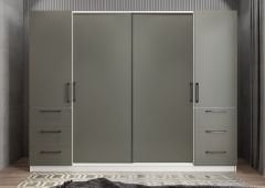 Riga Sürgü Kapaklı 6 Çekmeceli Gardırop Dolap Füme Beyaz Ölçü Seçenekli Ücretsiz Kurulum