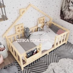 Eva İthal Ladin Ahşap Çatılı Montessori Çocuk Karyola
