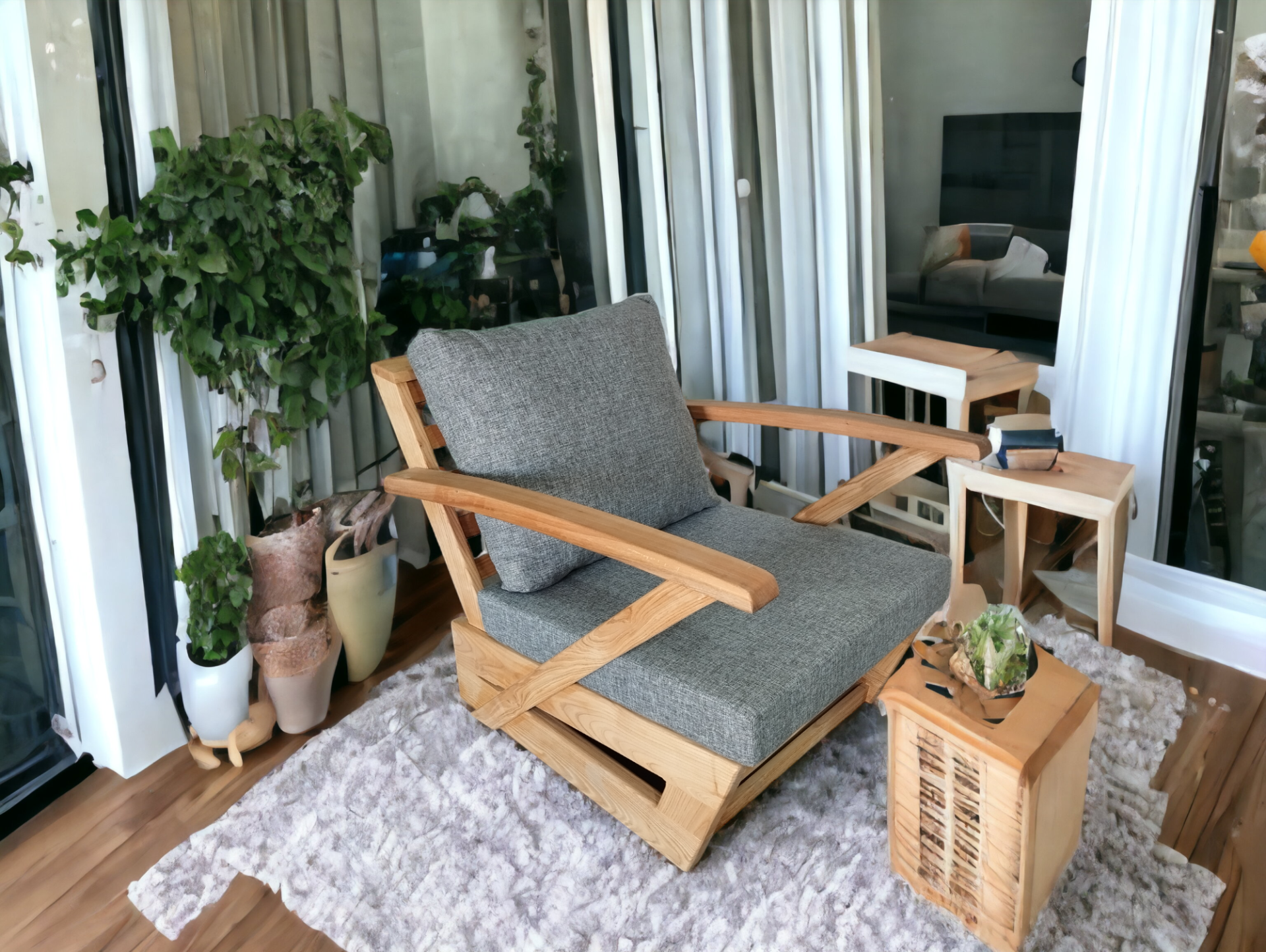 Monza Bahçe Balkon Masif Kestane Ahşap Kollu Koltuk - 1 Adet Tekli Koltuk Gri