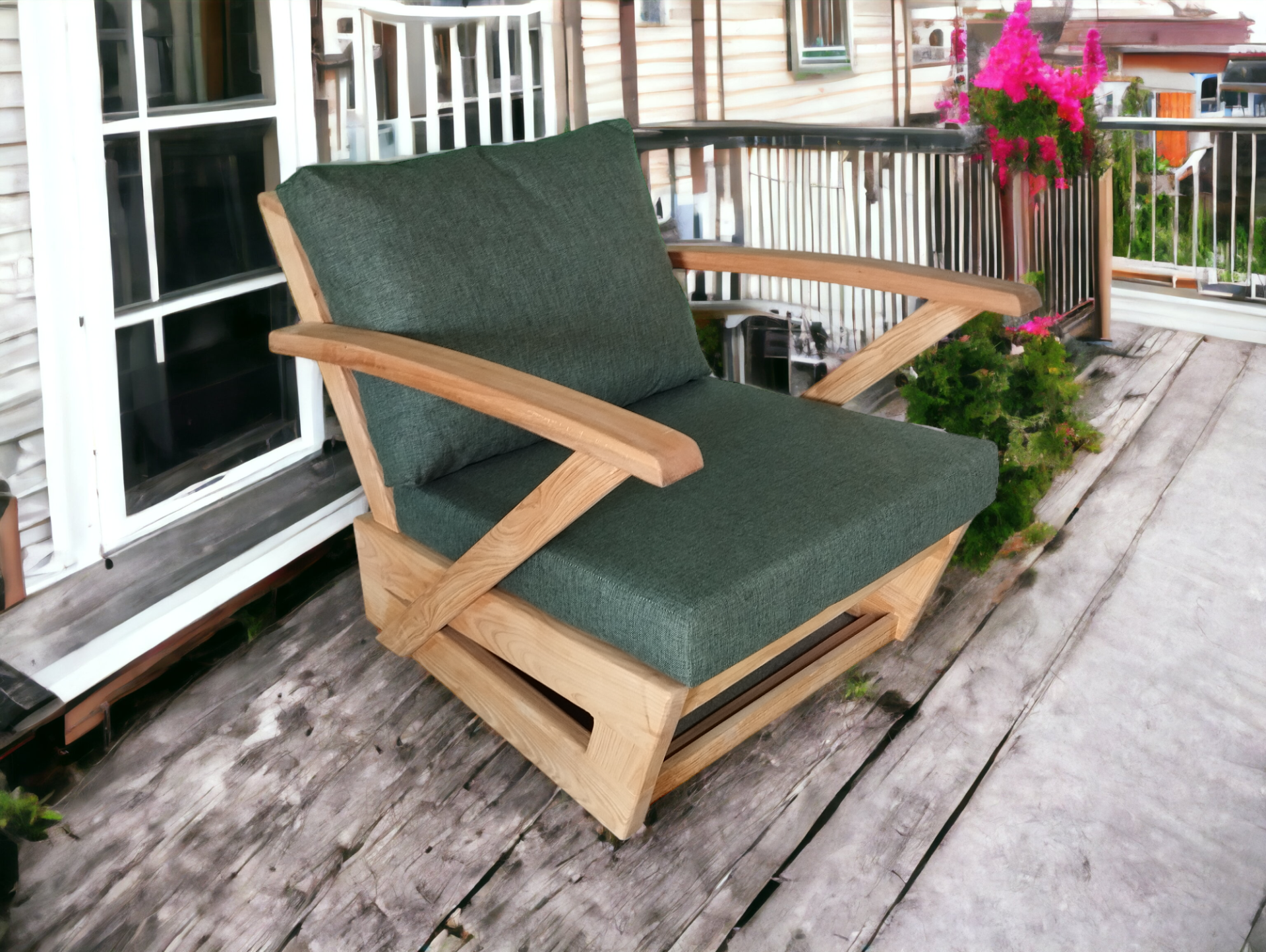 Monza Bahçe Balkon Masif Kestane Ahşap Kollu Koltuk - 1 Adet Tekli Haki Yeşil