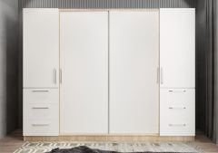 Riga Sürgü Kapaklı 6 Çekmeceli Gardırop Dolap Meşe Beyaz Ölçü Seçenekli Ücretsiz Kurulum