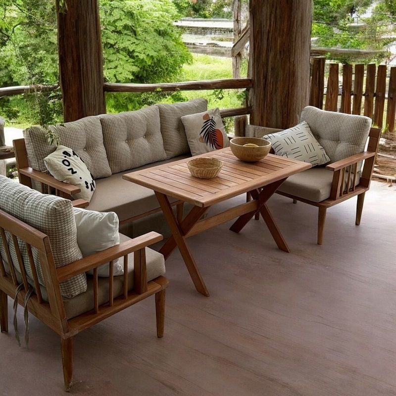 Vizyon Masif Ahşap Bahçe Balkon Takımı Gürgen Ağacı 3+1+1+Masa