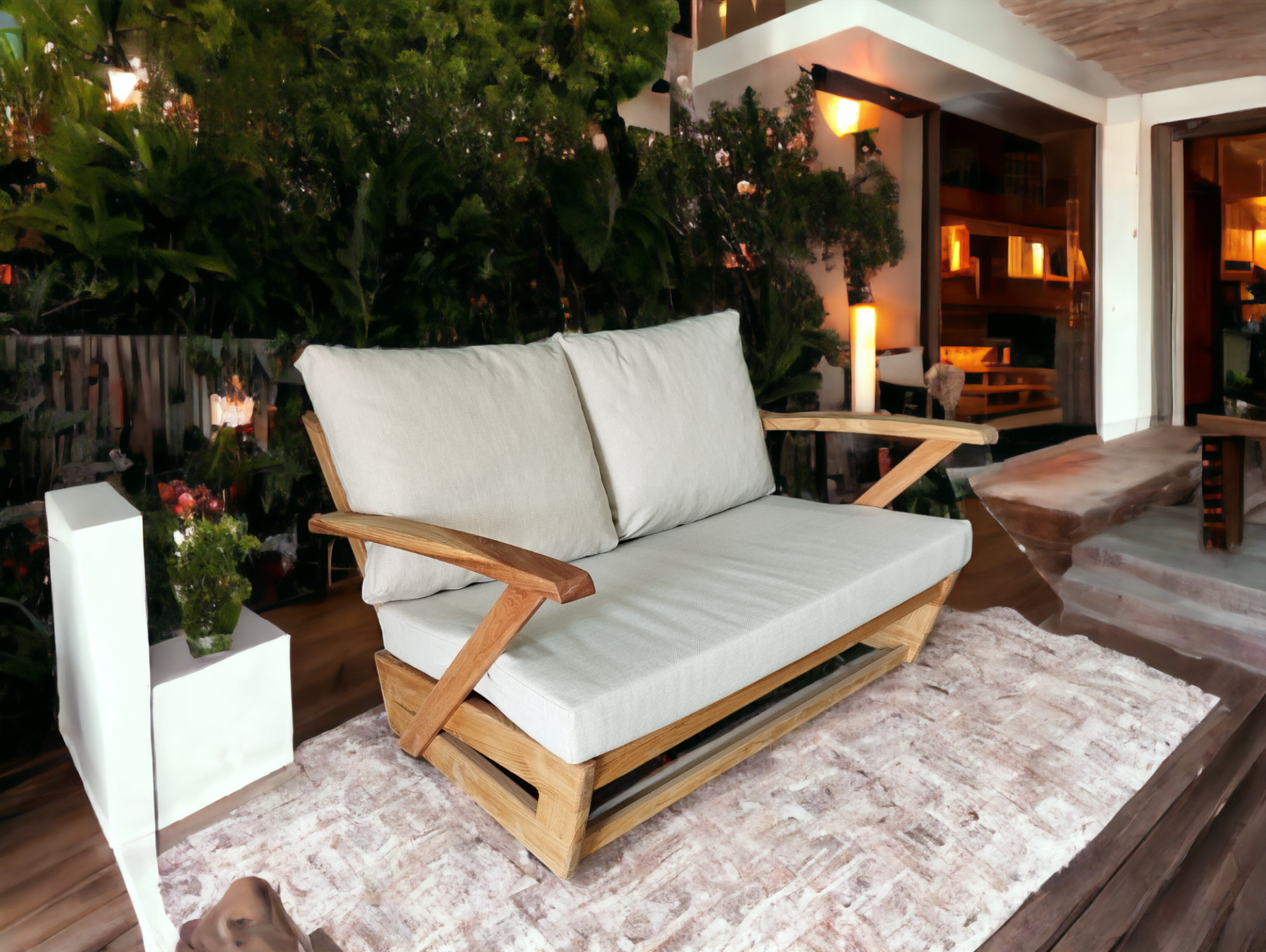 Monza Bahçe Balkon Masif Kestane Ahşap Kollu Koltuk - 1 Adet İkili Koltuk Krem