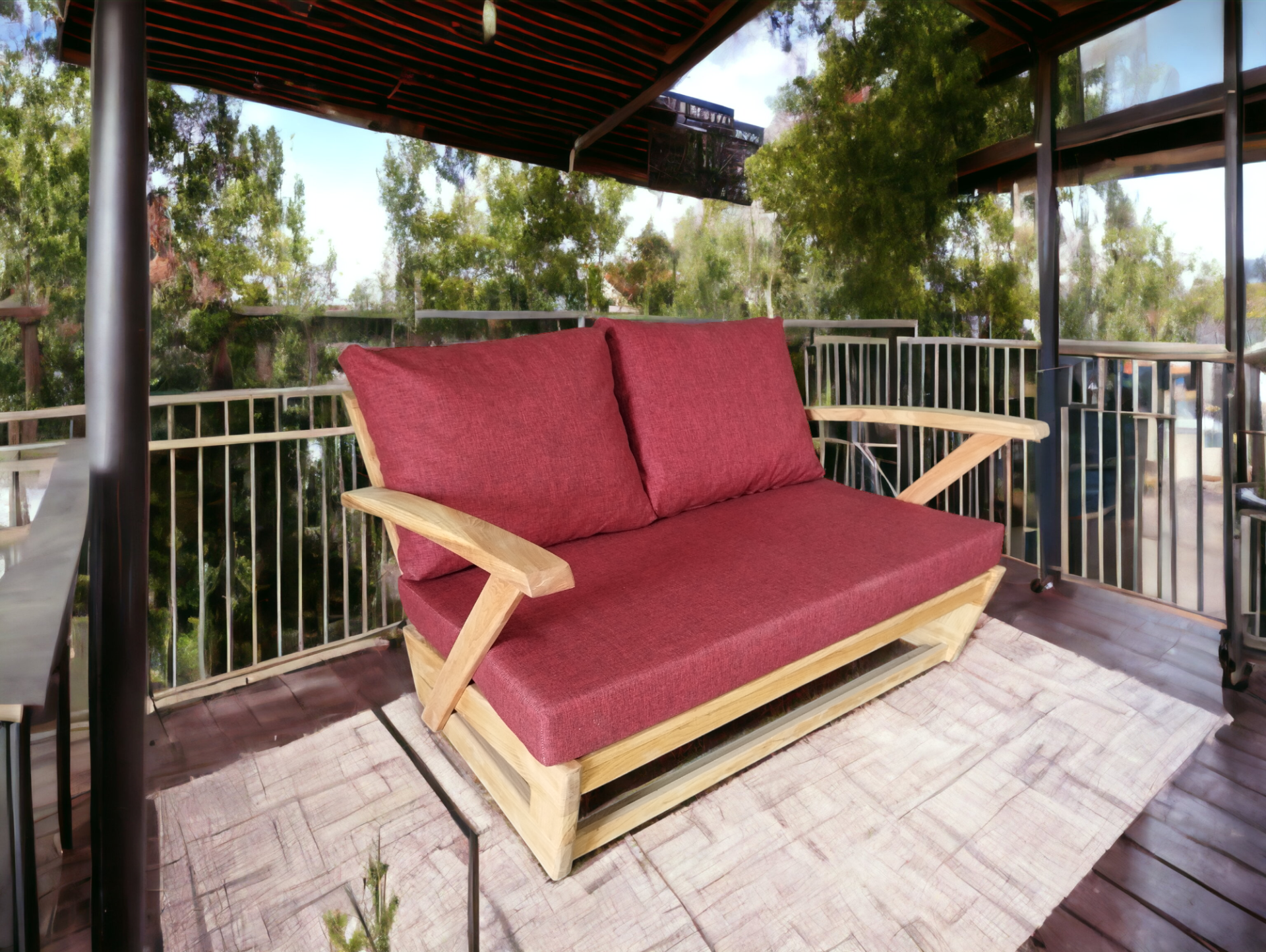 Monza Bahçe Balkon Masif Kestane Ahşap Kollu Koltuk 1 Adet İkili Koltuk Bordo