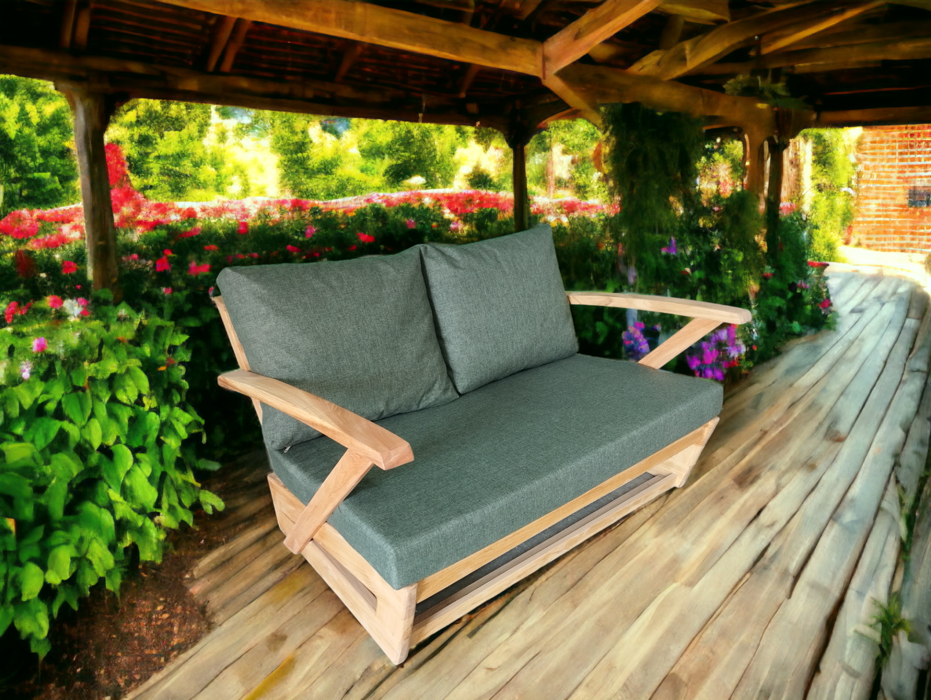 Monza Bahçe Balkon Masif Kestane Ahşap Kollu Koltuk 1 Adet İkili Haki Yeşil