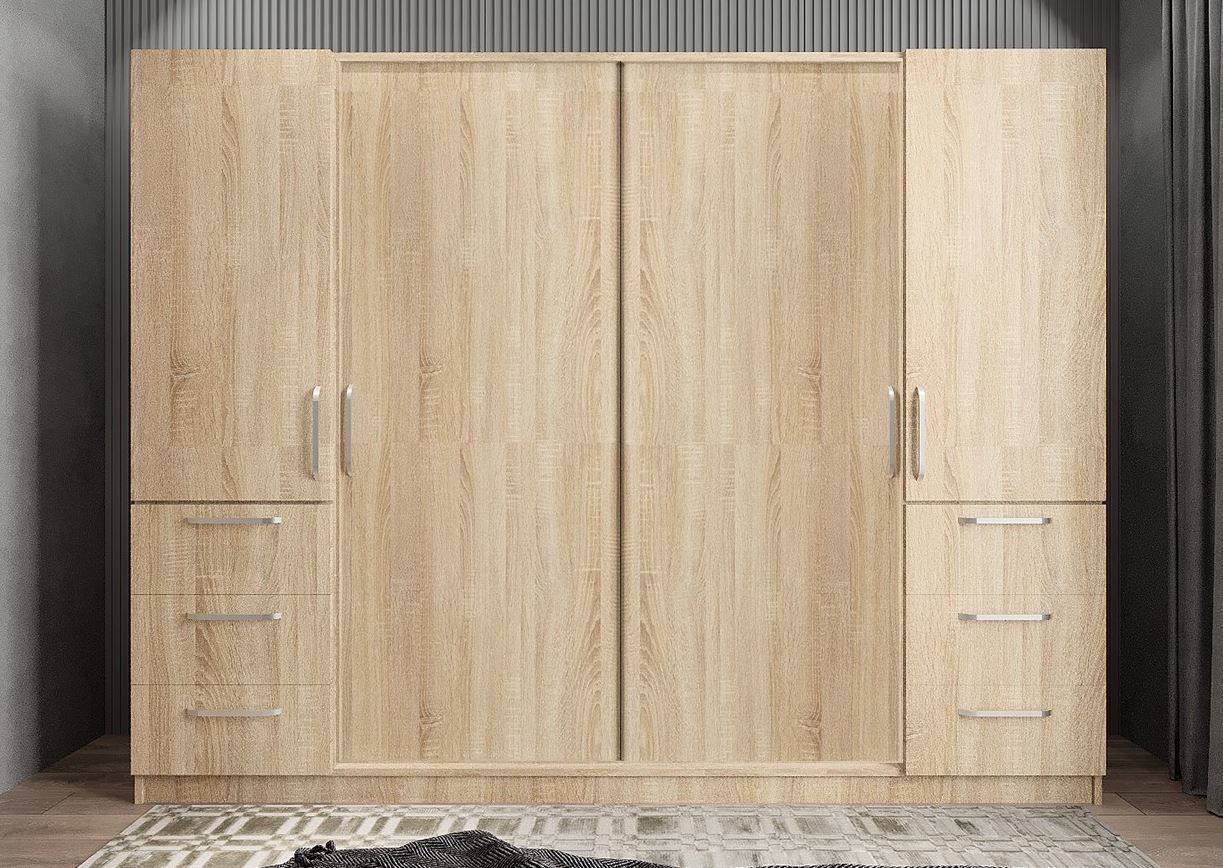 Riga Sürgü Kapaklı 6 Çekmeceli Gardırop Dolap Meşe Ölçü Seçenekli Ücretsiz Kurulum