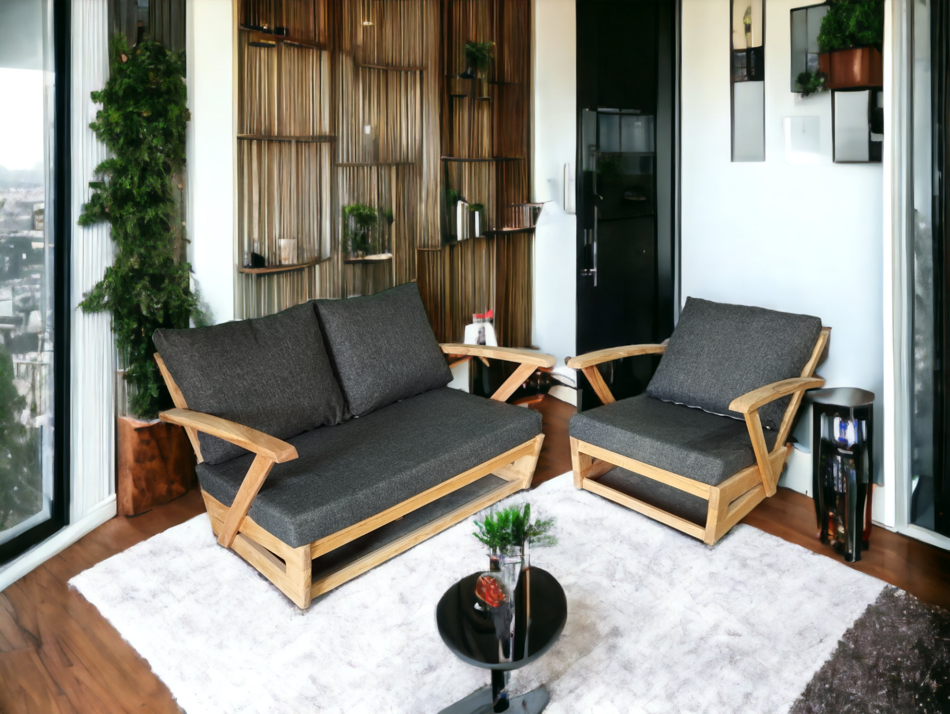 Monza Bahçe Balkon Masif Kestane Ahşap Kollu Koltuk 1 Adet Tekli 1 Adet İkili Koltuk Antrasit Gri