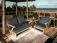 Monza Bahçe Balkon Masif Kestane Ahşap Kollu Koltuk 1 Adet Tekli 1 Adet İkili Koltuk Antrasit Gri