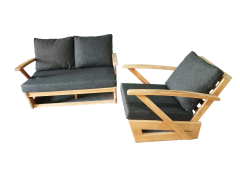 Monza Bahçe Balkon Masif Kestane Ahşap Kollu Koltuk 1 Adet Tekli 1 Adet İkili Koltuk Antrasit Gri