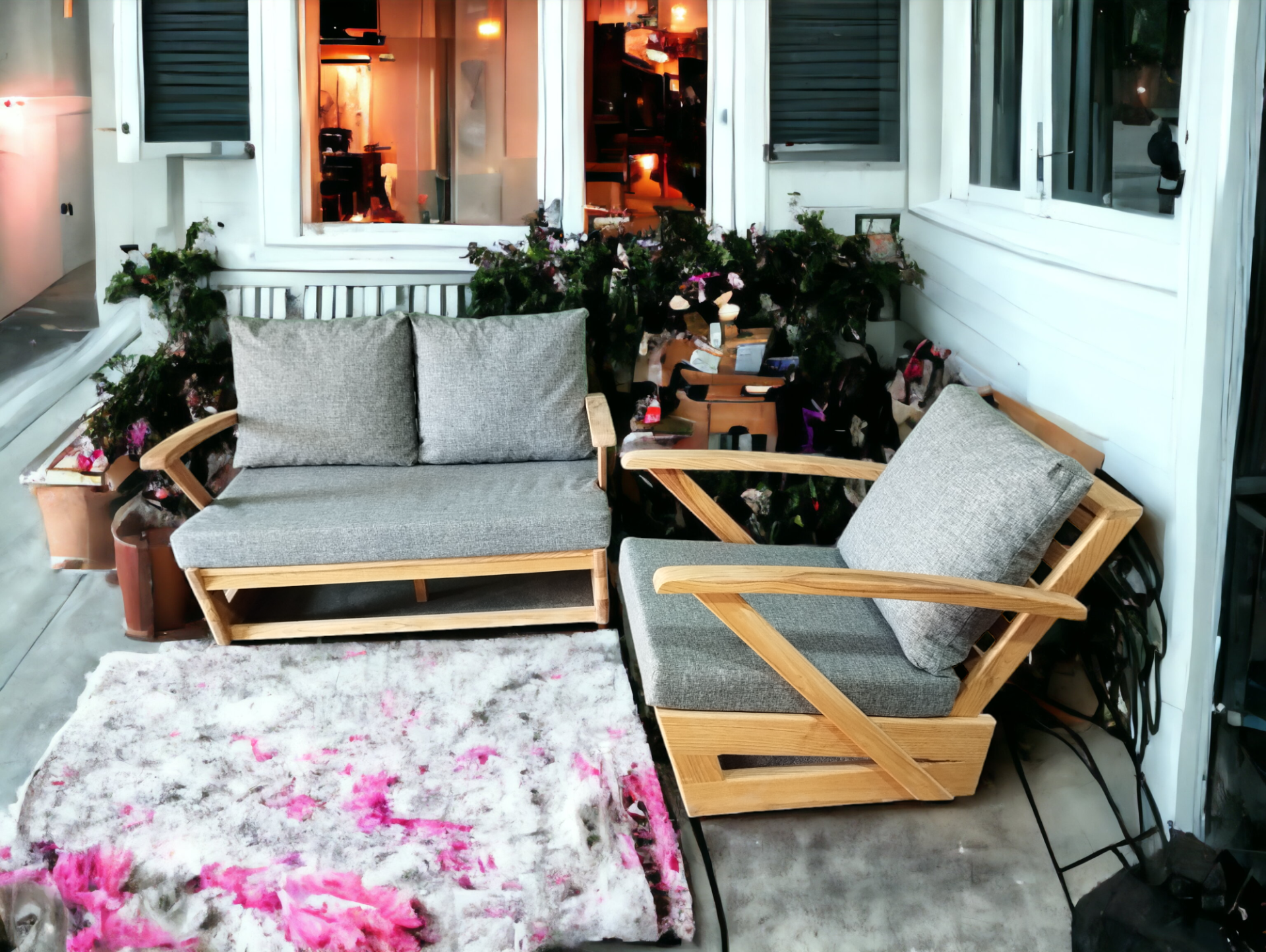 Monza Bahçe Balkon Masif Kestane Ahşap Kollu Koltuk 1 Adet Tekli 1 Adet İkili Koltuk Gri