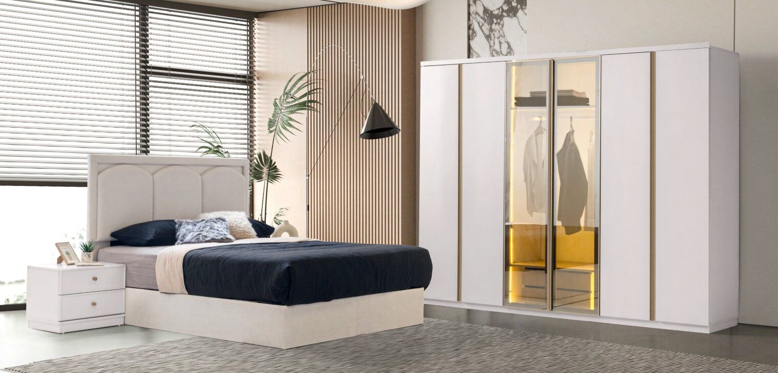 Altay Mdf  6 Kapaklı Reflekte Camlı Gardırop ve Yatak Odası Takımı - Kurulum Dahil