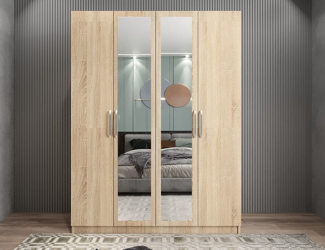 Bevel 4 Kapaklı Gizli Çekmeceli Gardırop Dolap Meşe Ölçü Seçenekli
