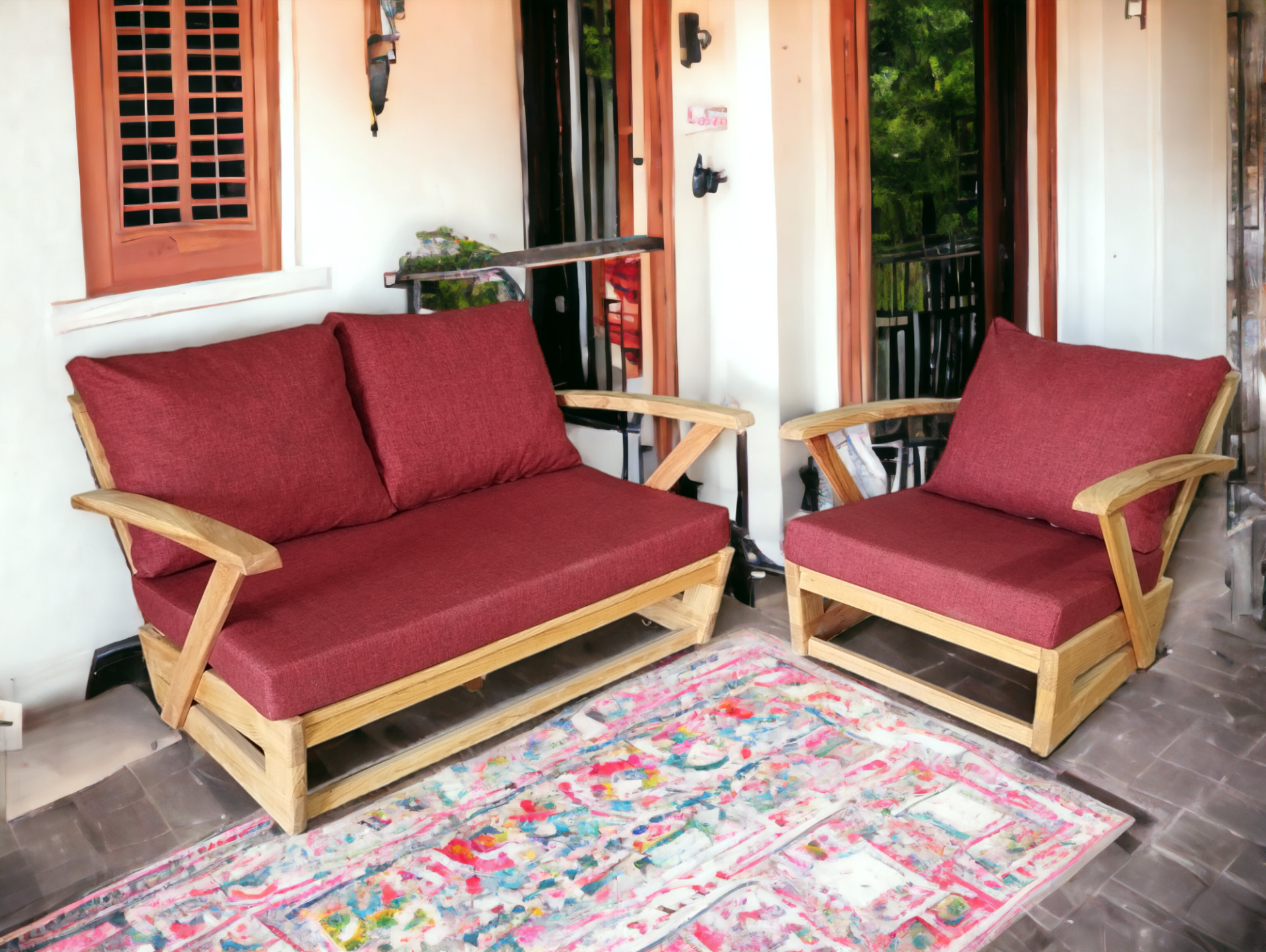 Monza Bahçe Balkon Masif Kestane Ahşap Kollu Koltuk 1 Adet Tekli 1 Adet İkili Koltuk Bordo