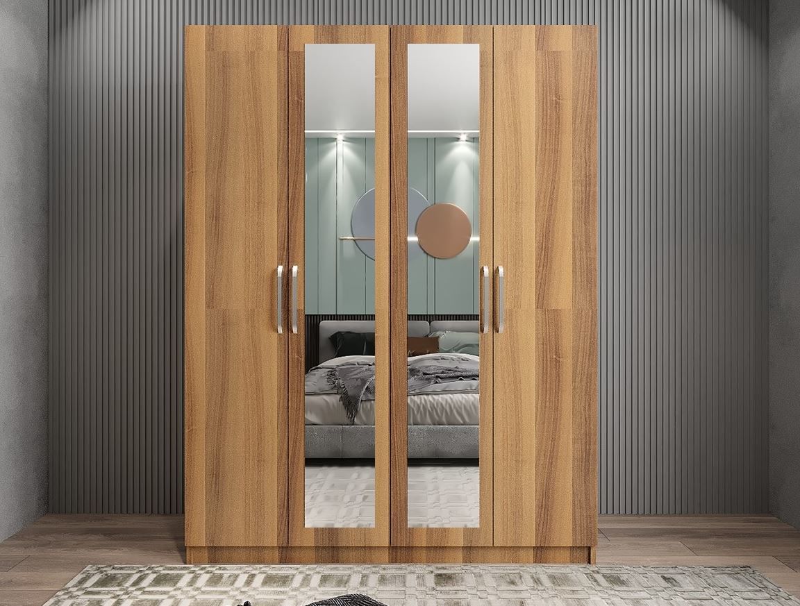 Bevel 4 Kapaklı Gizli Çekmeceli Gardırop Dolap Ceviz Ölçü Seçenekli