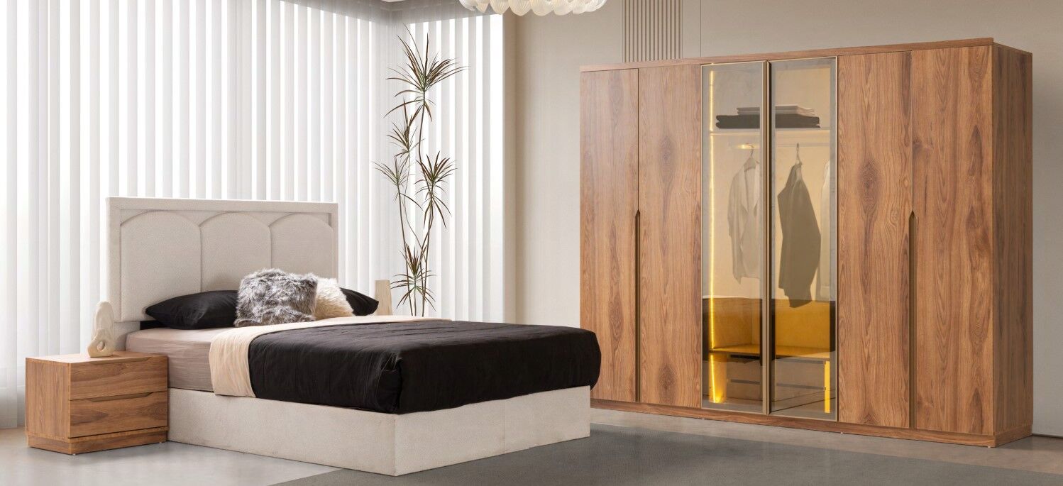 Lovina Mdf 6 Kapaklı Reflekte Camlı Gardırop ve Yatak Odası Takımı - Kurulum Dahil