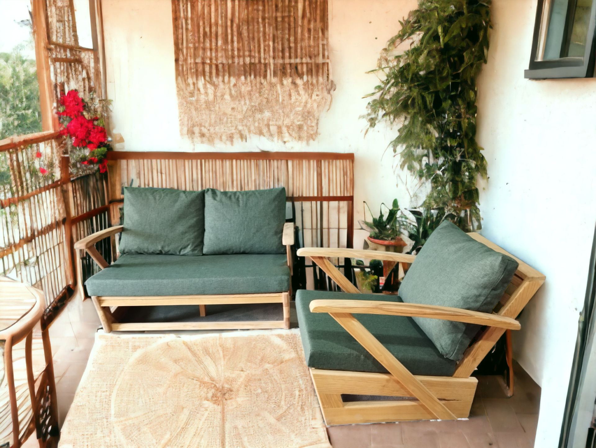 Monza Bahçe Balkon Masif Kestane Ahşap Kollu Koltuk - 1 Adet Tekli 1 Adet İkili Haki Yeşil