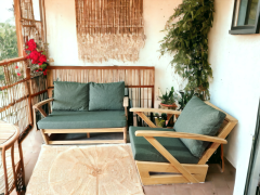 Monza Bahçe Balkon Masif Kestane Ahşap Kollu Koltuk - 1 Adet Tekli 1 Adet İkili Haki Yeşil