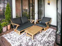 Monza Bahçe Balkon Masif Kestane Ahşap Kollu Koltuk Takımı 1 Adet Ikili 1 Adet Tekli ve Orta Sehpa Antrasit Gri