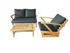 Monza Bahçe Balkon Masif Kestane Ahşap Kollu Koltuk Takımı 1 Adet Ikili 1 Adet Tekli ve Orta Sehpa Antrasit Gri