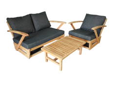 Monza Bahçe Balkon Masif Kestane Ahşap Kollu Koltuk Takımı 1 Adet Ikili 1 Adet Tekli ve Orta Sehpa Antrasit Gri