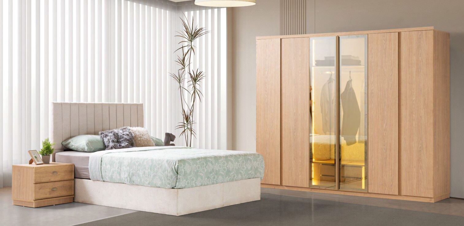 Rabat Mdf 6 Kapaklı Reflekte Camlı Gardırop ve Yatak Odası Takımı- Başlık Dahil- Baza Hariç  - Ücretsiz Kurulum