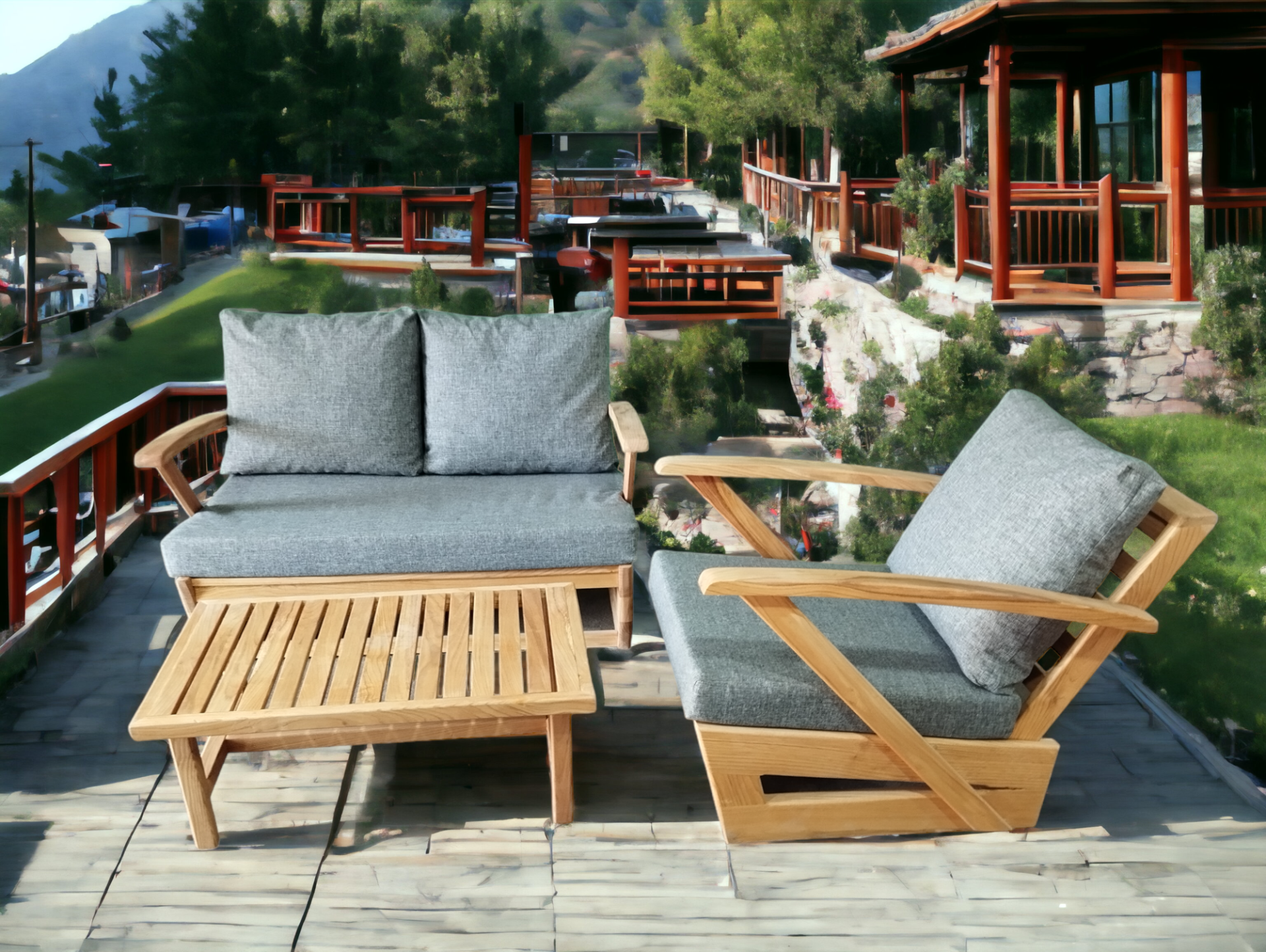 Monza Bahçe Balkon Masif Kestane Ahşap Kollu Koltuk Takımı 1 Adet Ikili 1 Adet Tekli ve Orta Sehpa Gri