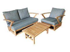 Monza Bahçe Balkon Masif Kestane Ahşap Kollu Koltuk Takımı 1 Adet Ikili 1 Adet Tekli ve Orta Sehpa Gri