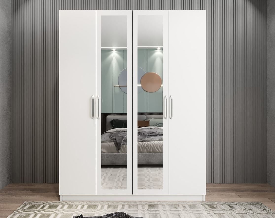 Bevel 4 Kapaklı Gizli Çekmeceli Gardırop Dolap Beyaz Ölçü Seçenekli