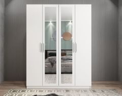 Bevel 4 Kapaklı Gizli Çekmeceli Gardırop Dolap Beyaz Ölçü Seçenekli