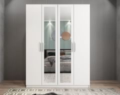 Bevel 4 Kapaklı Gizli Çekmeceli Gardırop Dolap Beyaz Ölçü Seçenekli