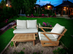 Monza Bahçe Balkon Masif Kestane Ahşap Kollu Koltuk Takımı 1 Adet Ikili 1 Adet Tekli ve Orta Sehpa Krem