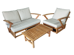 Monza Bahçe Balkon Masif Kestane Ahşap Kollu Koltuk Takımı 1 Adet Ikili 1 Adet Tekli ve Orta Sehpa Krem