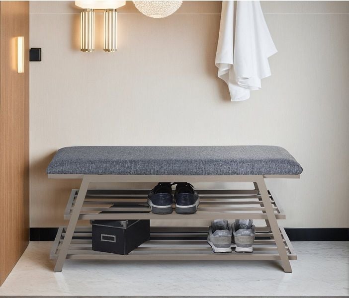 Pırıl Puflu Ayakkabılık 80 Cm Bej Metal Gri Kumaş