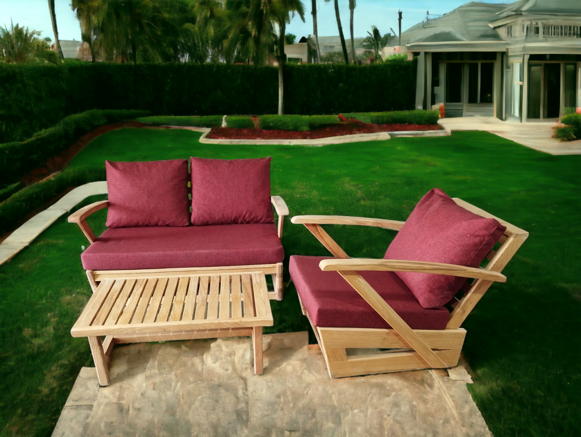 Monza Bahçe Balkon Masif Kestane Ahşap Kollu Koltuk Takımı - 1 Adet Ikili 1 Adet Tekli ve Orta Sehpa Bordo