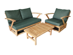 Monza Bahçe Balkon Masif Kestane Ahşap Kollu Koltuk Takımı 1 Adet Ikili 1 Adet Tekli ve Orta Sehpa Haki Yeşil
