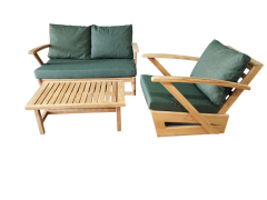 Monza Bahçe Balkon Masif Kestane Ahşap Kollu Koltuk Takımı 1 Adet Ikili 1 Adet Tekli ve Orta Sehpa Haki Yeşil