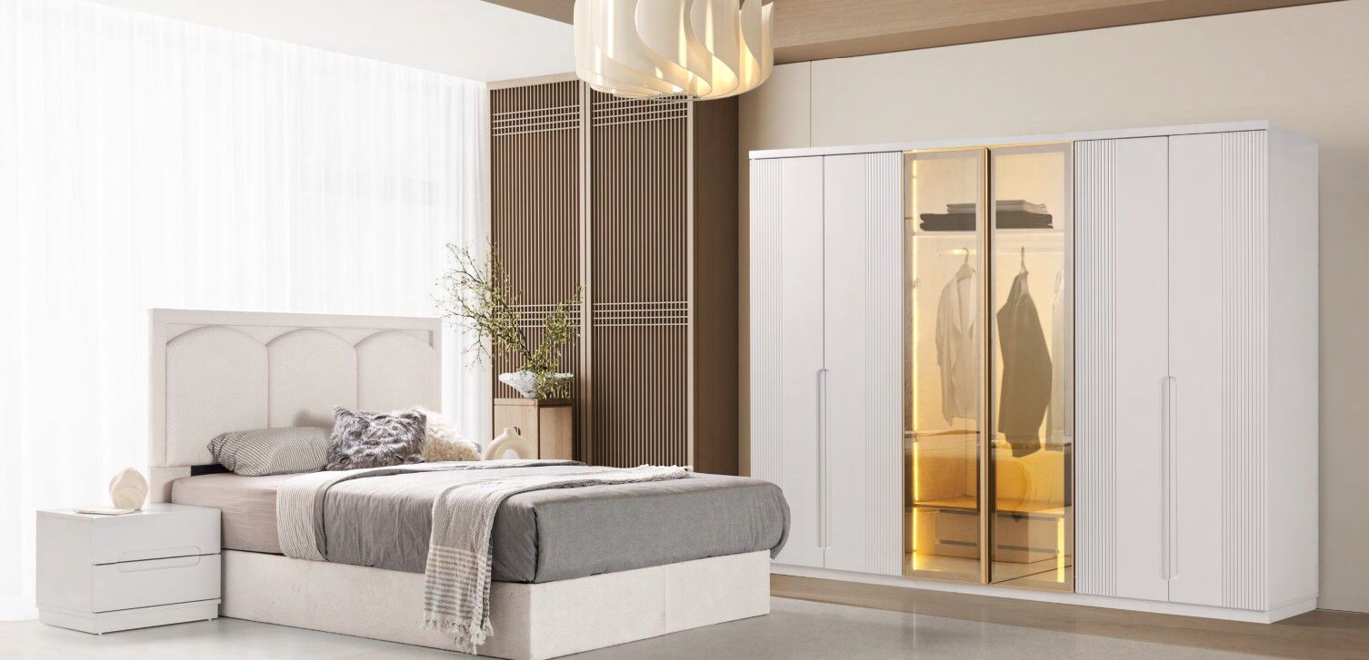 Aleppo Mdf Membran 6 Kapaklı Reflekte Camlı Gardırop ve Yatak Odası Takımı - Kurulum Dahil