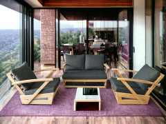 Monza Bahçe Balkon Masif Kestane Ahşap Kollu Koltuk Takımı 1 Adet Ikili 2 Adet Tekli Antrasit Gri