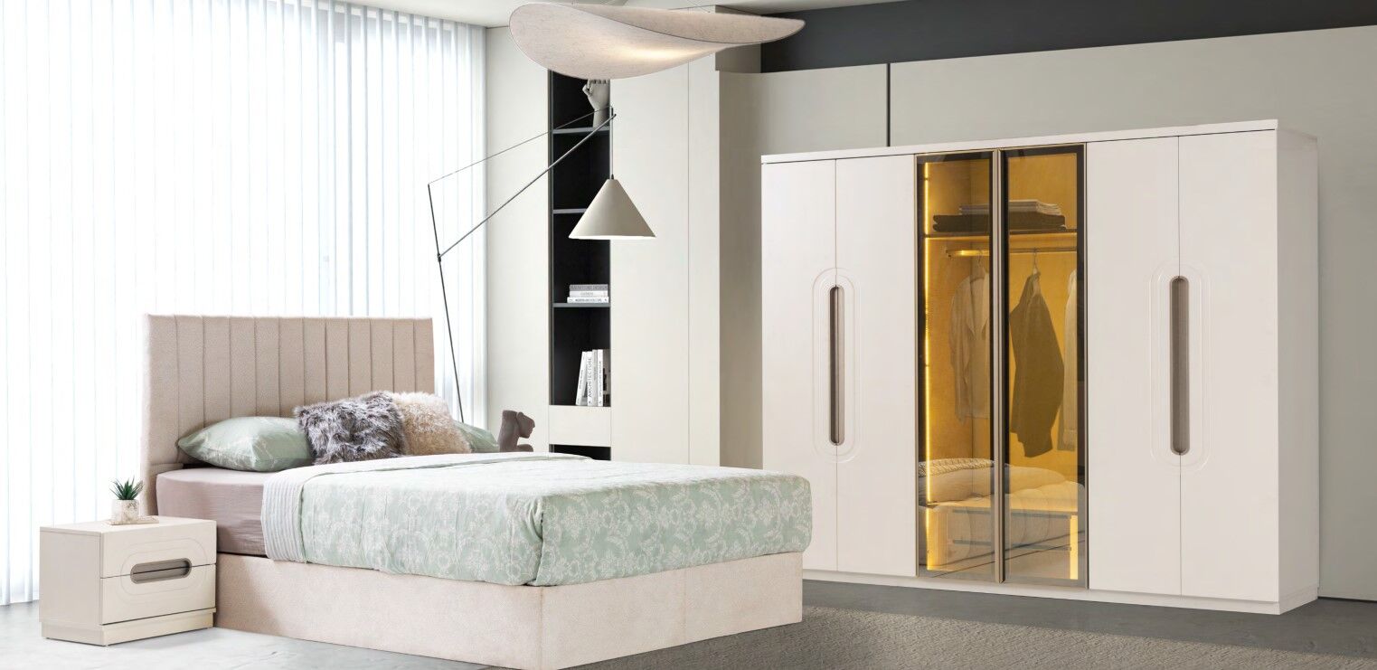 Fiabella  Mdf Membran 6 Kapaklı Reflekte Camlı Gardırop ve Yatak Odası Takımı Baza Hariç Kurulum Dahil