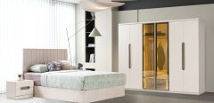 Fiabella  Mdf Membran 6 Kapaklı Reflekte Camlı Gardırop ve Yatak Odası Takımı Baza Hariç Kurulum Dahil