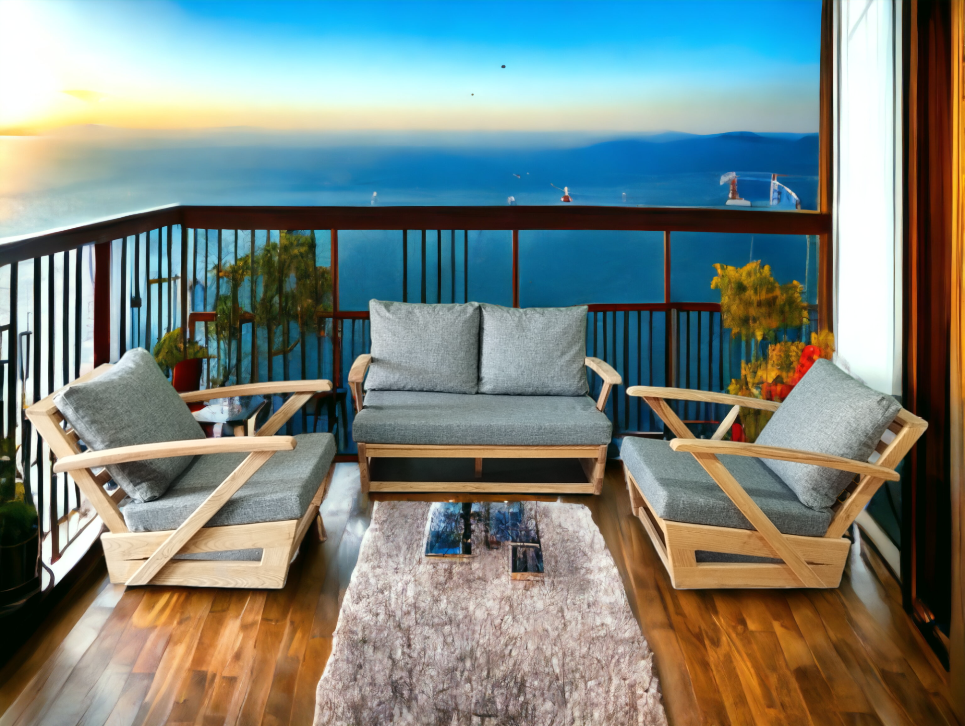 Monza Bahçe Balkon Masif Kestane Ahşap Kollu Koltuk Takımı 1 Adet Ikili 2 Adet Tekli Gri