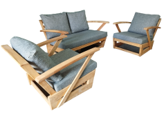 Monza Bahçe Balkon Masif Kestane Ahşap Kollu Koltuk Takımı 1 Adet Ikili 2 Adet Tekli Gri