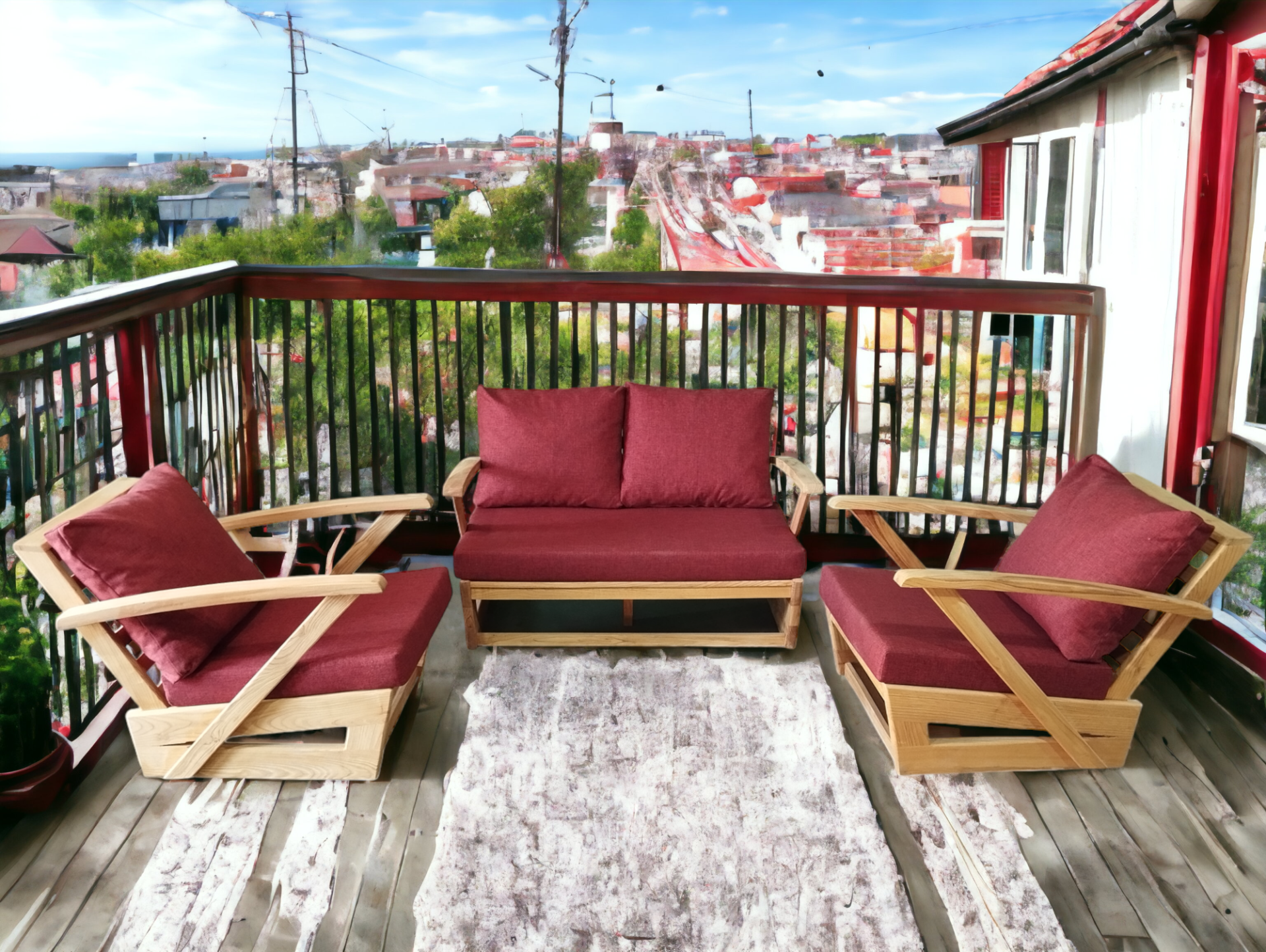 Monza Bahçe Balkon Masif Kestane Ahşap Kollu Koltuk Takımı 1 Adet Ikili 2 Adet Tekli Bordo