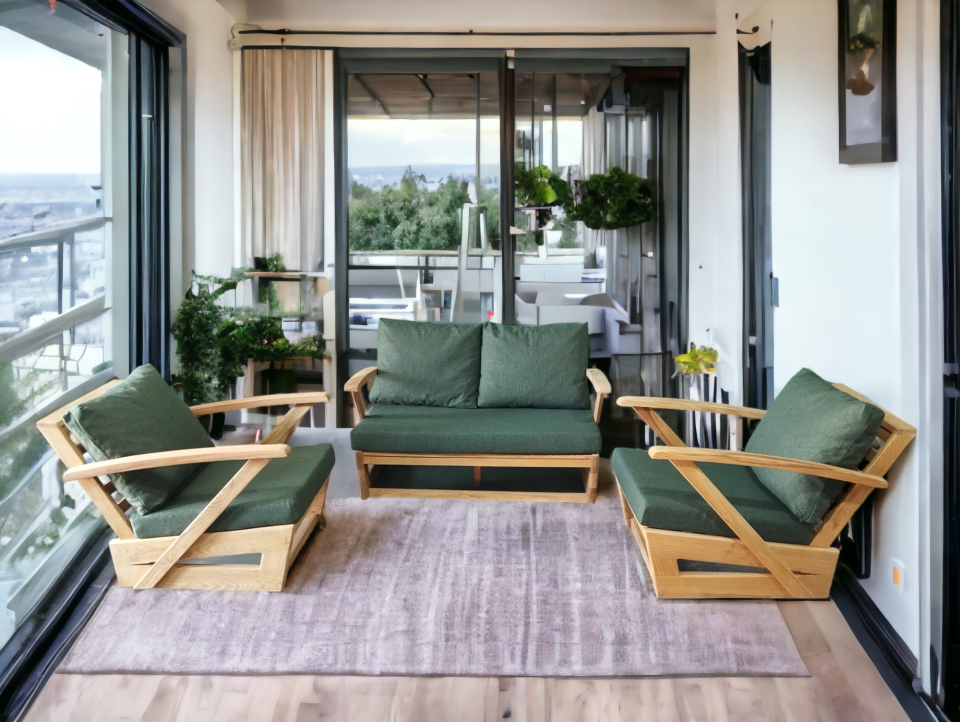 Monza Bahçe Balkon Masif Kestane Ahşap Kollu Koltuk Takımı 1 Adet Ikili 2 Adet Tekli Haki Yeşil