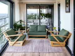 Monza Bahçe Balkon Masif Kestane Ahşap Kollu Koltuk Takımı 1 Adet Ikili 2 Adet Tekli Haki Yeşil