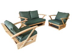 Monza Bahçe Balkon Masif Kestane Ahşap Kollu Koltuk Takımı 1 Adet Ikili 2 Adet Tekli Haki Yeşil