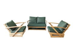 Monza Bahçe Balkon Masif Kestane Ahşap Kollu Koltuk Takımı 1 Adet Ikili 2 Adet Tekli Haki Yeşil