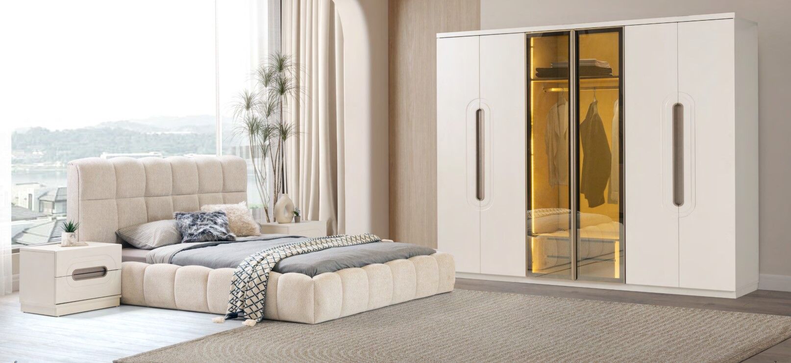 Hale Mdf Membran 6 Kapaklı Reflekte Camlı Gardırop ve Yatak Odası Takımı - Kurulum Dahil